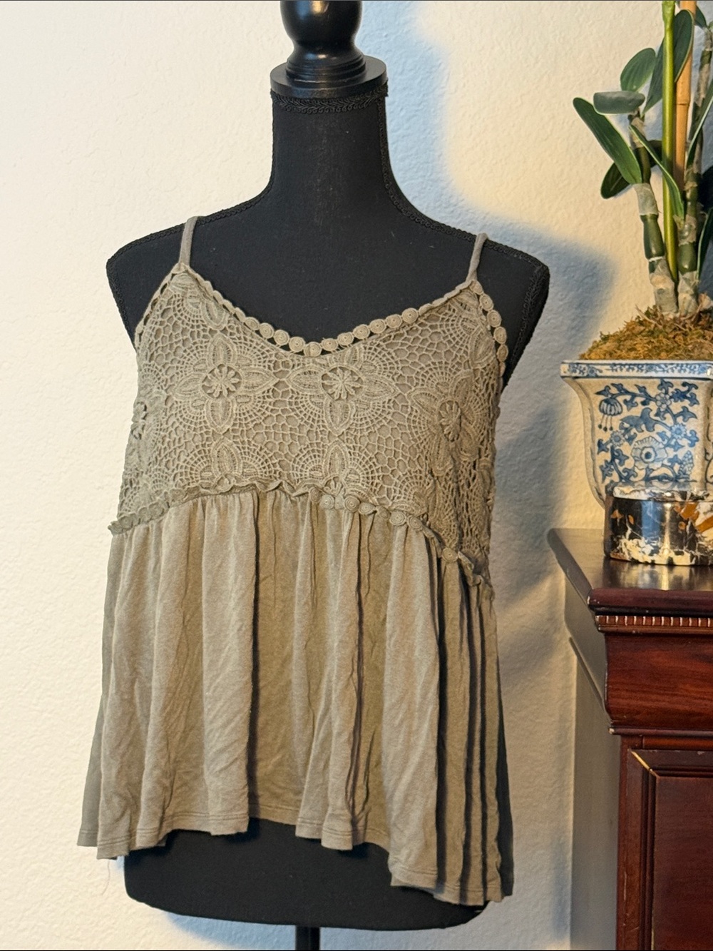 miami Olive Crochet Yoke Spaghetti Strap Camisole